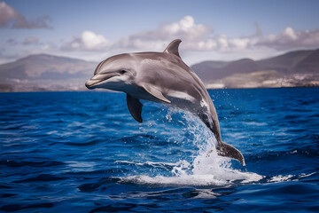 Fototapeta premium Cute smiling dolphin jumping out of blue ocean 