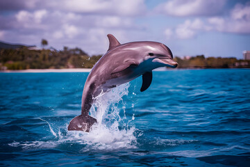 Naklejka premium Cute dolphin swimming and jumping out of blue water
