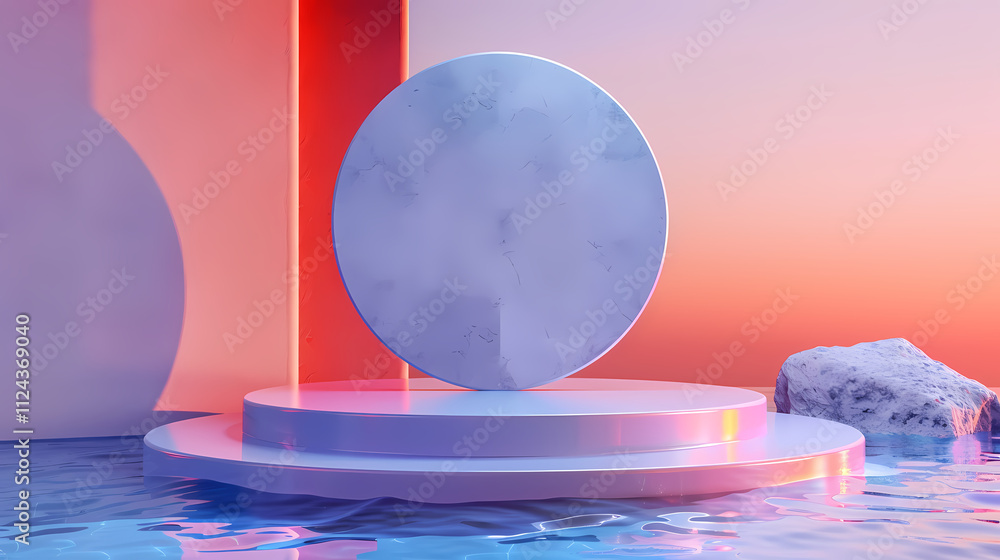 Poster abstract pastel product display: a serene and stylish product display features a large circular plat