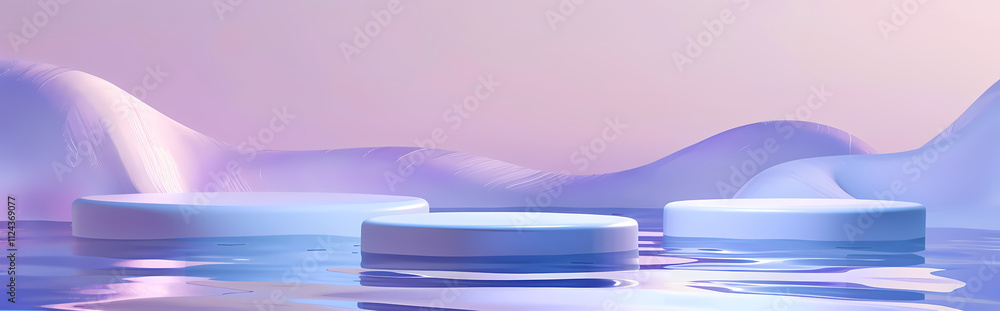 Aufkleber serene abstract product display: a minimalist, 3d rendering of three cylindrical podiums in a tranqu