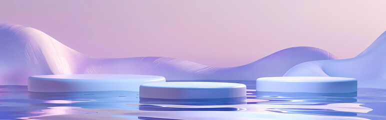 Serene Abstract Product Display: A minimalist, 3D rendering of three cylindrical podiums in a tranquil, abstract landscape, featuring soft, iridescent purple and blue hues with a hint of white.