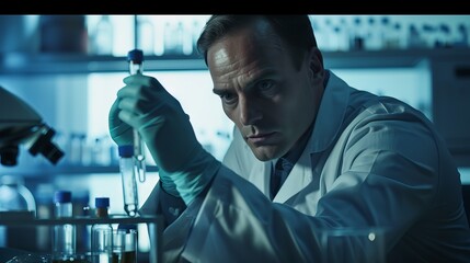 Male scientist in a laboratory examining a test tube with a clear solution during medical research or scientific experiment, focusing on advanced chemical analysis and discovery.