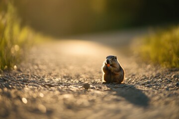 Obraz premium Cute Groundhog Enjoying Carrot on Sunlit Path - Nature Photography
