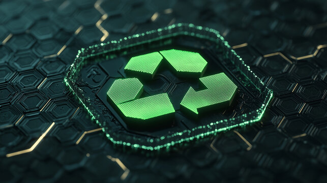 A glowing 3D recycling icon in bright green, surrounded by dynamic digital arrows made of light trails, on a dark, tech-inspired background with hexagonal grid patterns.