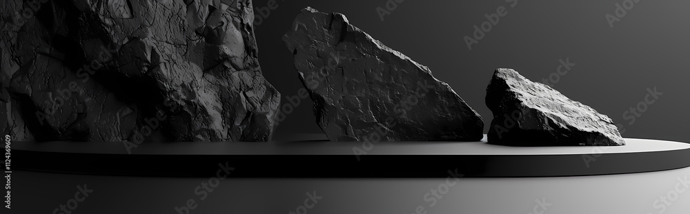 Poster monochrome rock formation: a minimalist grayscale image showcasing a dramatic arrangement of dark ro