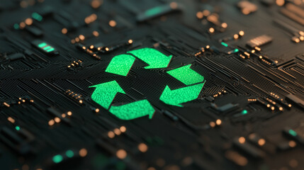 A modern 3D recycling icon in vibrant green, encased within a network of digital arrows and data streams, floating on a deep black background with futuristic light accents.