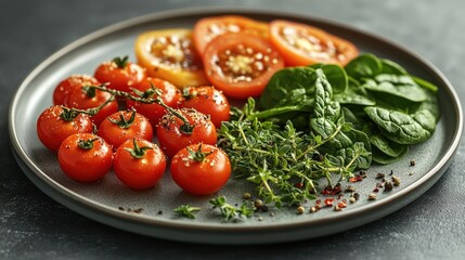 Fresh tomatoes, spinach, and herbs arranged on a plate.