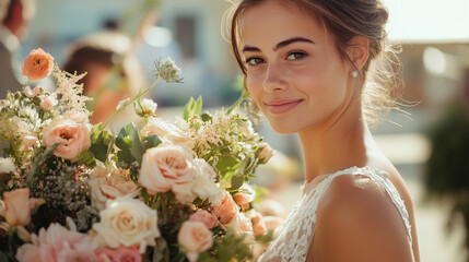 A florist discussing wedding flower arrangements with a bride in a bright outdoor setting in early summer. Generative AI