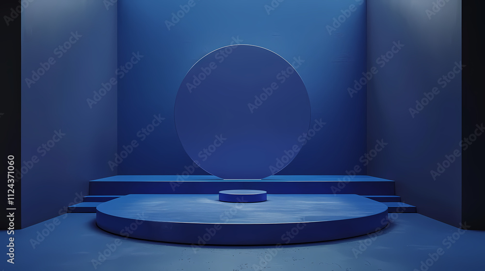 Poster serene blue podium: a minimalist, circular podium in varying shades of blue, set against a backdrop 