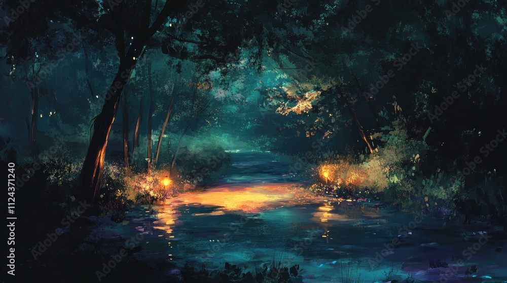Poster subtle colorful glimmers and soft light reflections creating a serene yet vibrant dark ambiance