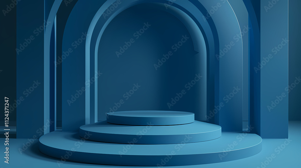 Poster abstract blue archway podium: a minimalist and modern 3d render featuring a circular podium with thr