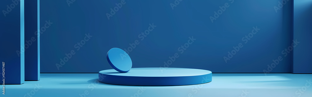 Poster blue minimalist podium: a simple yet stylish 3d rendering of a circular podium with a matching cylin