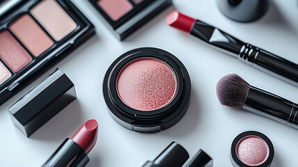clean flat lay of makeup products including lipsticks and blush