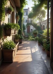 Fototapeta premium A balcony overlooking a peaceful courtyard with plenty of greenery, balcony, tranquility, calming atmosphere