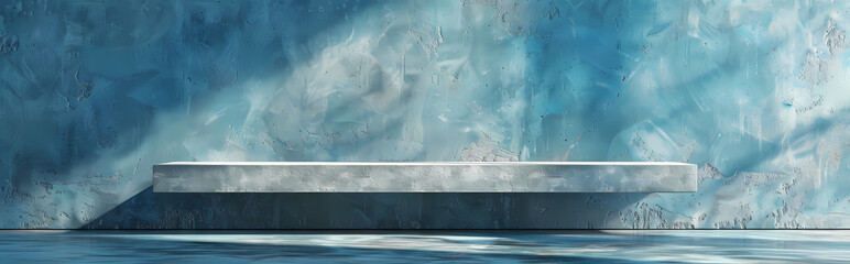 Serene Blue Marble: A Minimalist Abstract backdrop showcasing a stone platform against a calming blue marble background. The sunlight filtering through the room casts an ethereal glow.