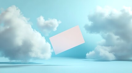 Floating gift card among fluffy clouds, serene blue sky concept.