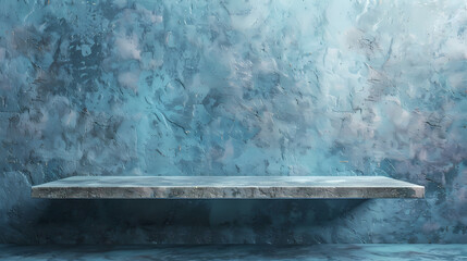 Concrete Shelf Against Blue Wall: An empty concrete shelf protrudes from a textured blue wall, creating a minimalist and modern backdrop for product display or design inspiration.