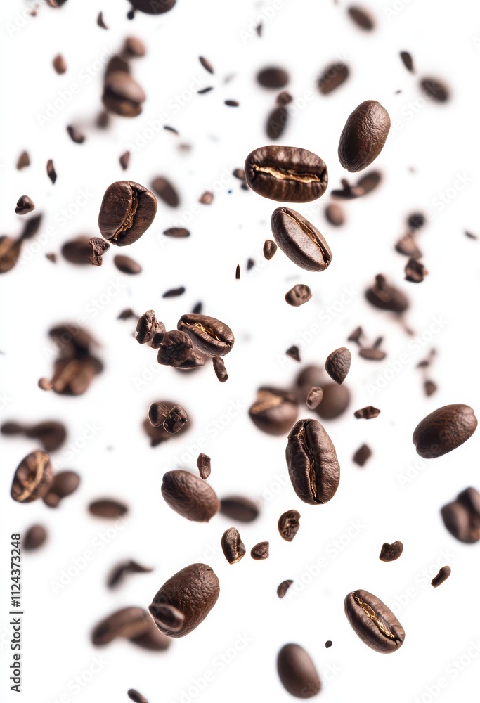 Poster floating coffee beans and grounds captured in mid-air creating a dynamic and energetic scene for cof