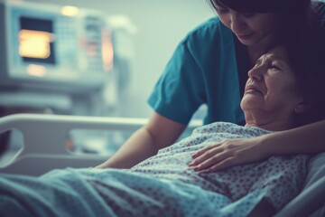 Healthcare worker comforting patient in hospital emotional scene medical environment focus on medicines and care compassionate viewpoint for healing and support