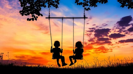 Silhouette of two children playing on a sw