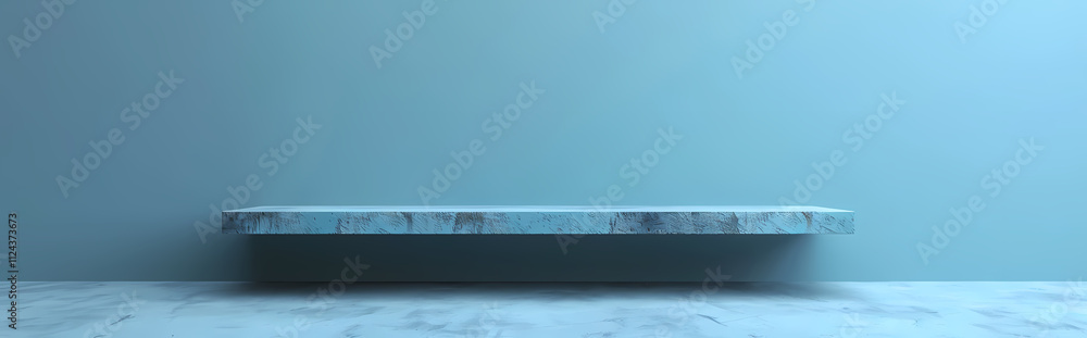 Poster Minimalist Shelf Against Blue Wall: A clean and simple image featuring a rectangular shelf extending from a muted blue wall.  The soft lighting casts a subtle glow on the shelf.