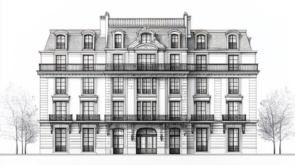 Minimalist Line Drawing of Classic Parisian Apartment Building Facade with Balconies and Windows