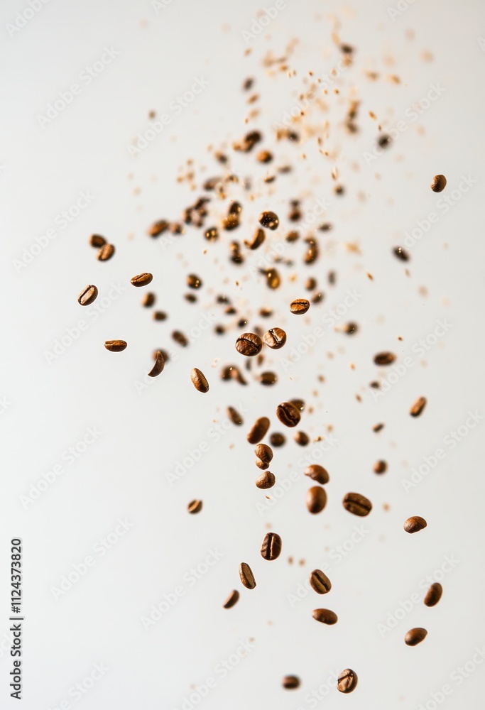 Poster floating coffee beans in motion captured with high-speed photography, creating a dynamic and energet