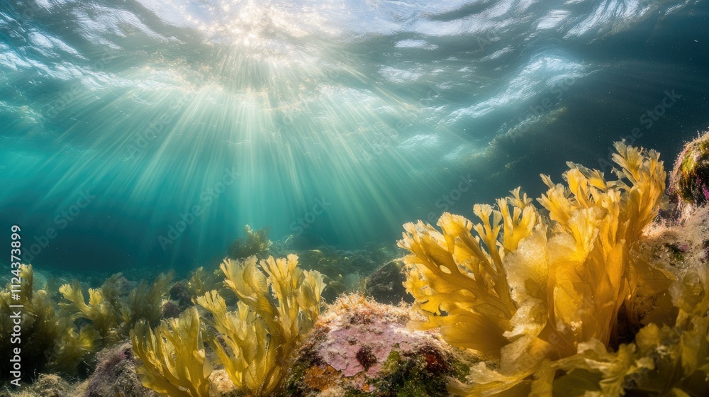 Poster transparent underwater view with sunbeams filtering through, highlighting the calm sea.
