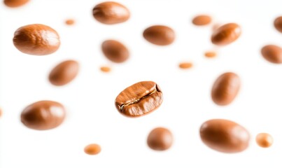 Floating Coffee Beans in Motion with a Vibrant White Background, Capturing the Essence of Freshness and Aroma in Every Single Bean for Coffee Lovers