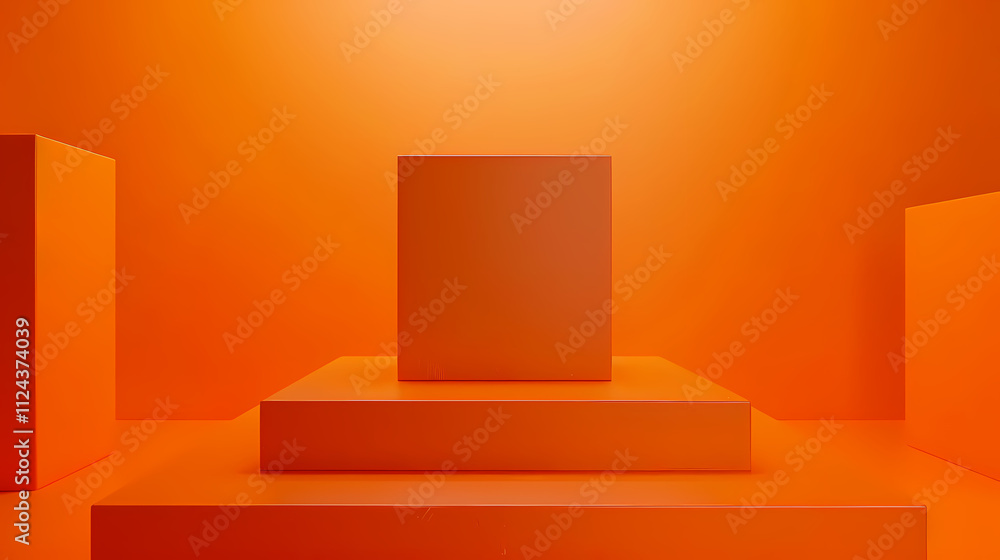Poster orange minimalist product display: a clean, modern product display features a set of three square pl