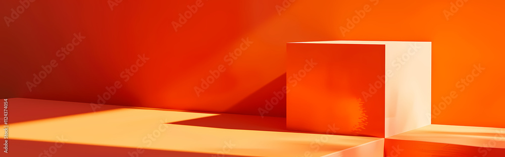 Poster orange minimalist product display: a clean, modern product display features a white cube on an orang