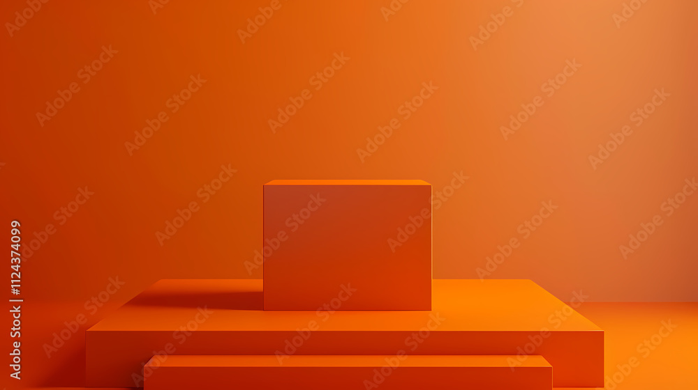 Poster orange cube on platform: a minimalist 3d render showcasing a vibrant orange cube positioned on a ste
