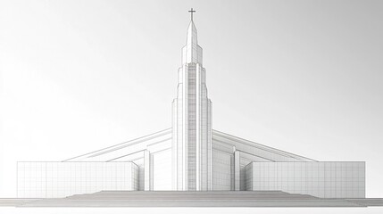 Minimalist Line Drawing of Tall Narrow Church Steeple Reaching Skyward