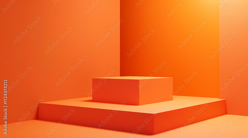 Poster orange minimalist product display: a clean and modern product display with a two-tiered platform in 
