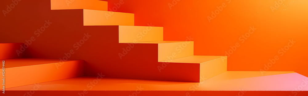 Poster ascending steps in amber light: abstract image of a staircase bathed in warm amber light, creating a