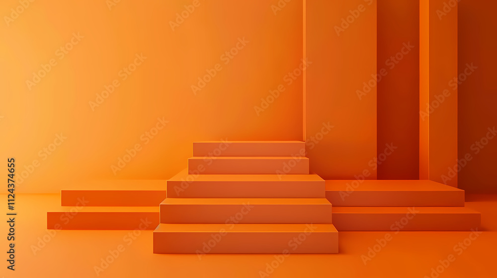 Poster orange abstract steps: a minimalist composition featuring a set of orange steps against an orange ba