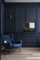 Modern Blue Interior Design with Paneling and Comfortable Armchair