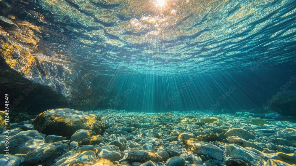 Aufkleber underwater perspective with a tranquil blue gradient and shimmering sunlight filtering through.