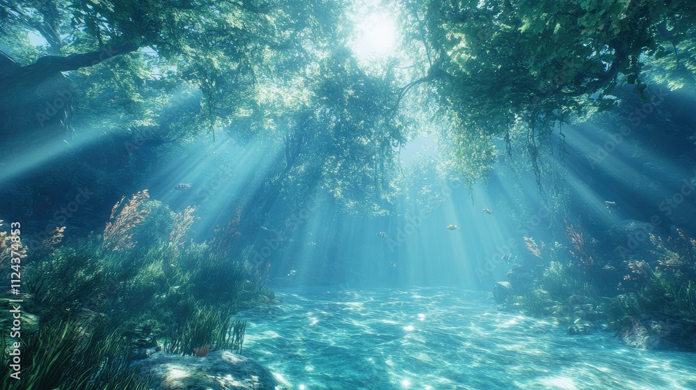 Poster underwater perspective with a tranquil blue gradient and shimmering sunlight filtering through.