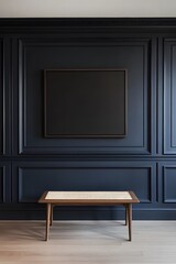 Modern Interior Design: Dark Blue Wall with Bench and Empty Frame