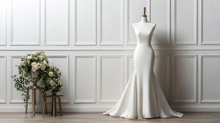 Elegant and minimalist wedding dress displayed on a sleek white mannequin featuring a simple flowing silhouette set against a plain white wall background with ample copy space