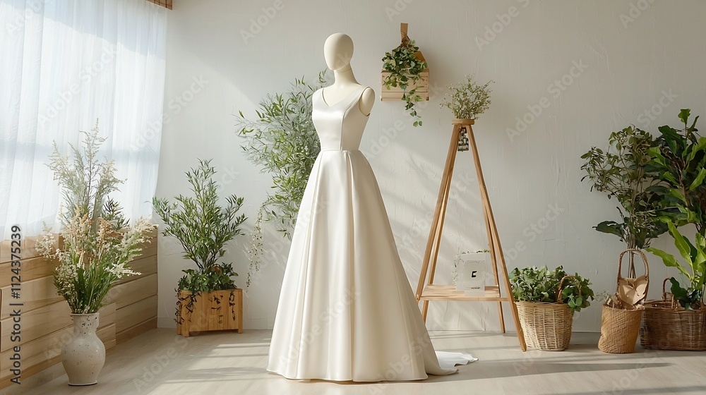 Poster elegant side view of a minimalist wedding gown displayed on a mannequin in a bright natural lighting