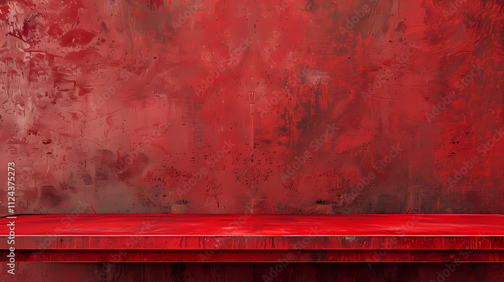 Poster red rustic shelf: a vibrant red textured backdrop provides a striking contrast to a simple, matching
