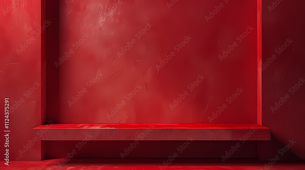 Poster red minimalist bench: a clean and minimalist composition features a narrow bench in front of a strik