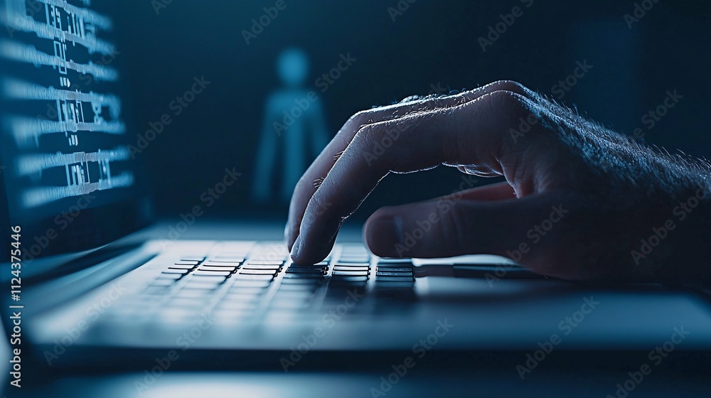 Poster a close-up of a hand reaching towards a keyboard, with a shadowy figure reflected on a computer scre