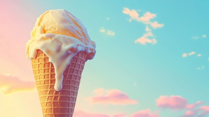 Melting vanilla ice cream cone against a vibrant sunset sky.