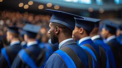 Fototapeta premium Rear view of graduating class in blue gowns and caps at ceremony.