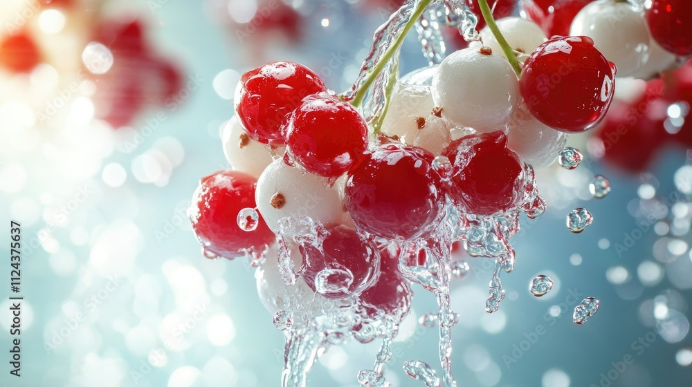 Poster vibrant red and white berries levitating with cascading water splashes, creating a refreshing and en