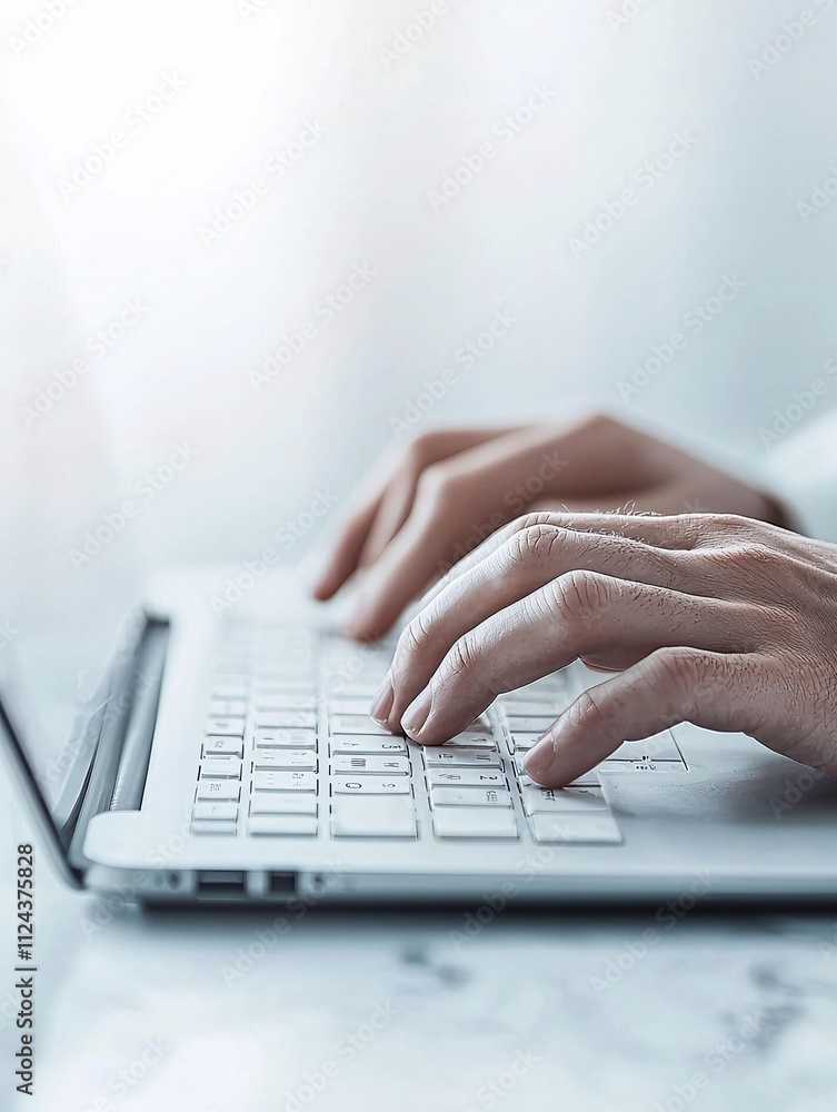 Poster a professional setting where a person is unknowingly being watched while typing sensitive informatio