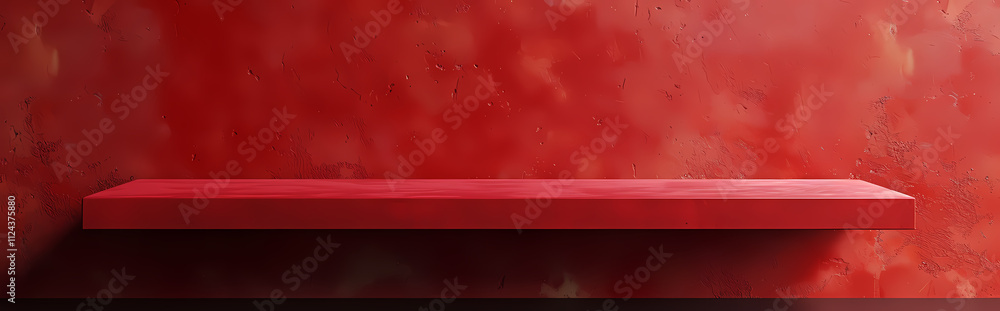 Poster red shelf against red wall: a vibrant red shelf extends horizontally against a textured red wall, cr